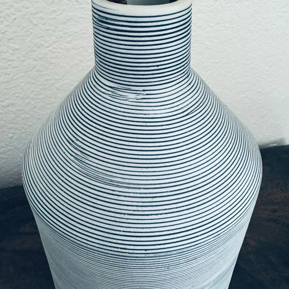 Modern Ceramic Statement Vase Decor Blue White Striped Thailand